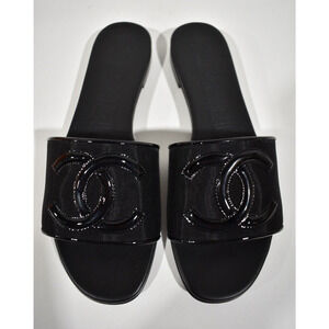 Chanel 23P Black Mesh Patent Leather CC Logo Slide Sandal Flat Flip Flop Mule 38